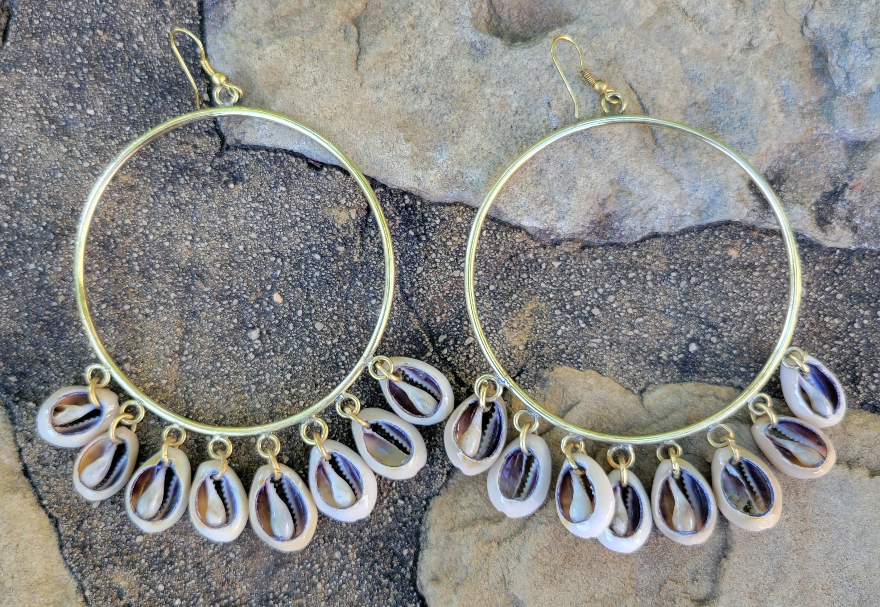 Large Cascading Cowrie Shell Hoop Earrings