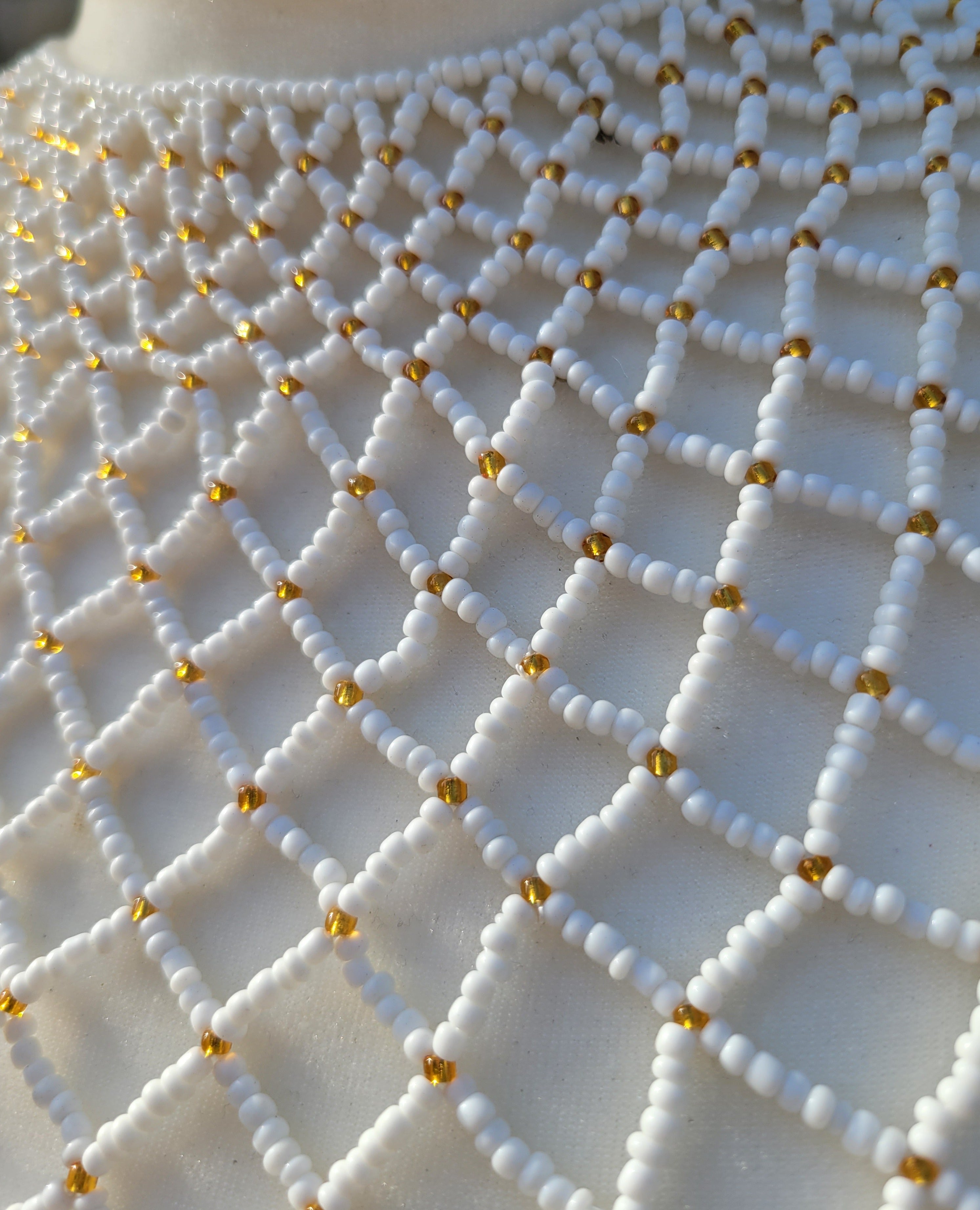 White & Light Gold Beaded Collar Necklace