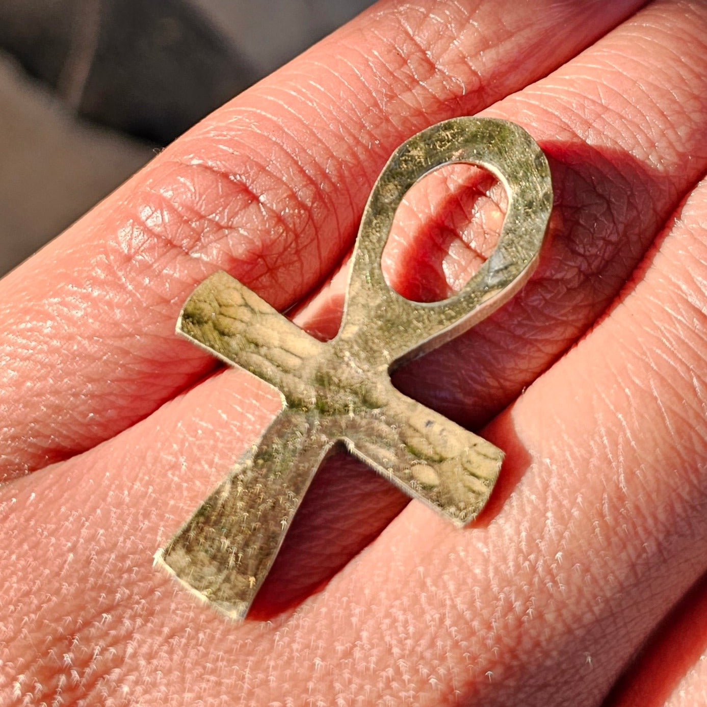 Small Hammered Ankh Adjustable Brass Ring