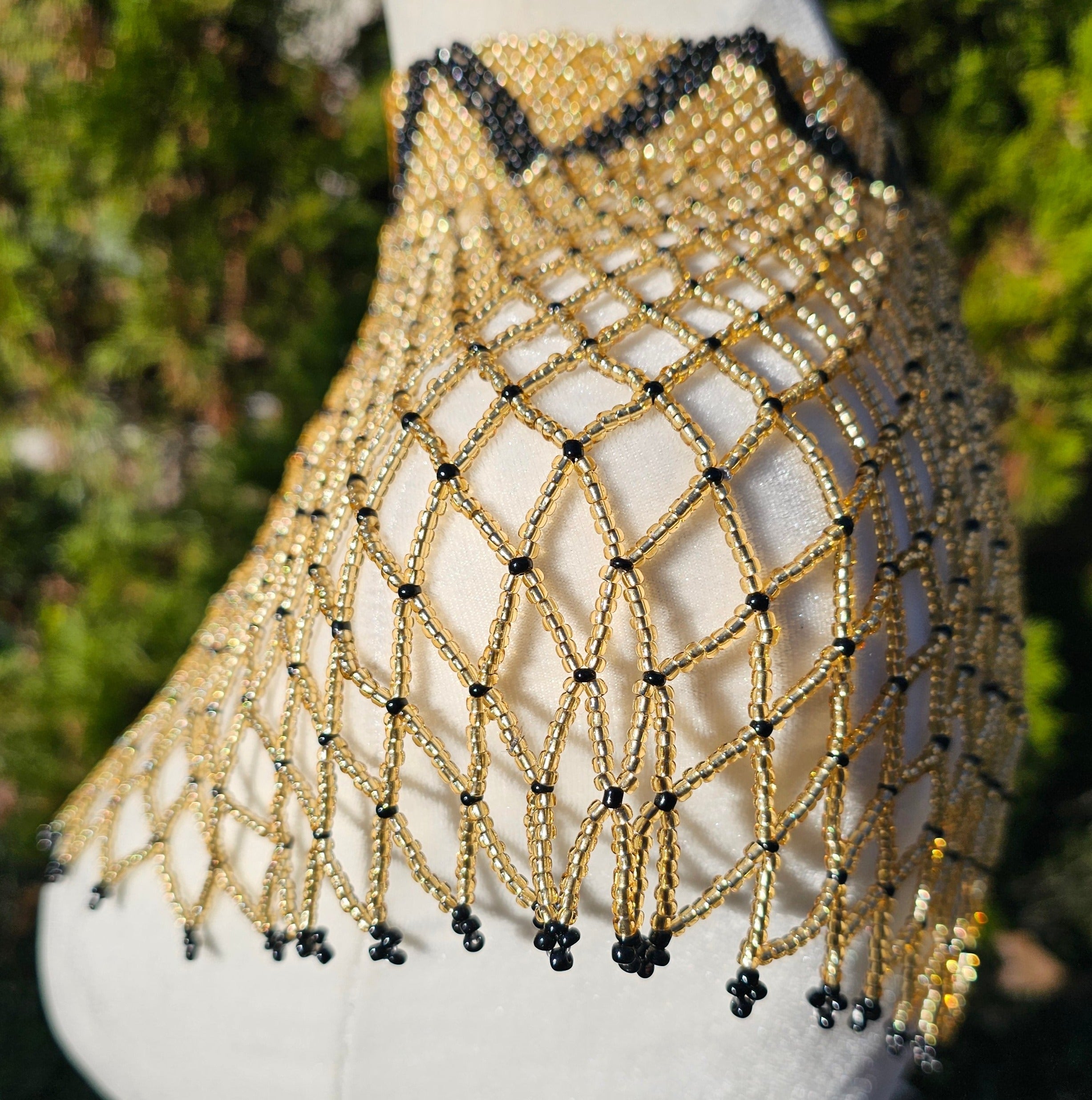 High Neck Light Gold & Black Beaded Collar Necklace