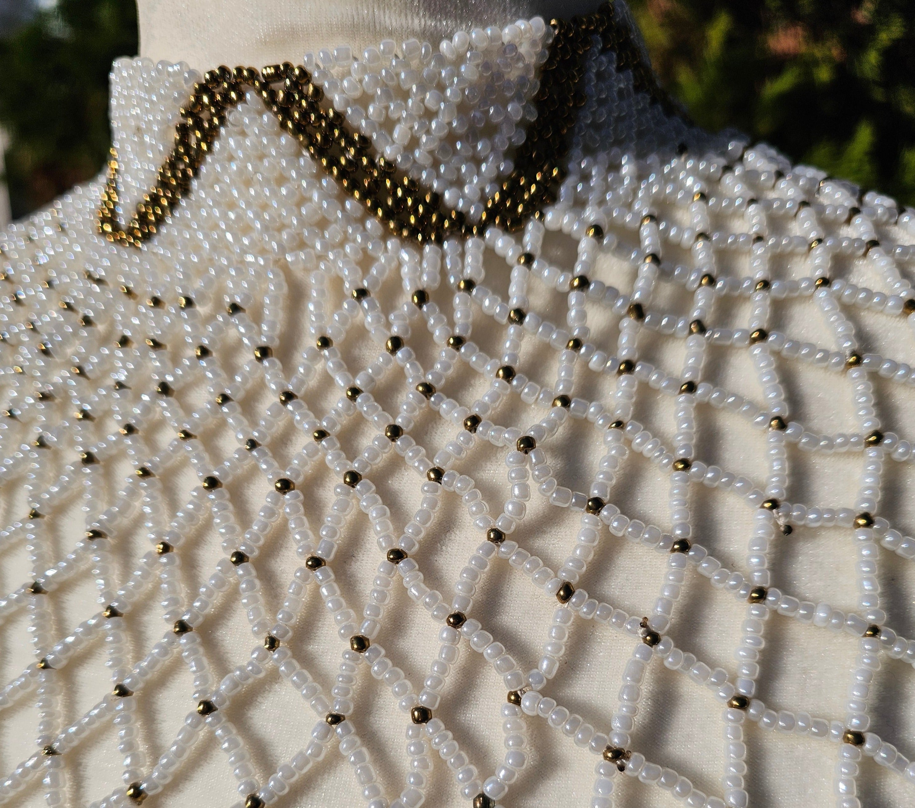 High Neck White & Gold Beaded Collar Necklace