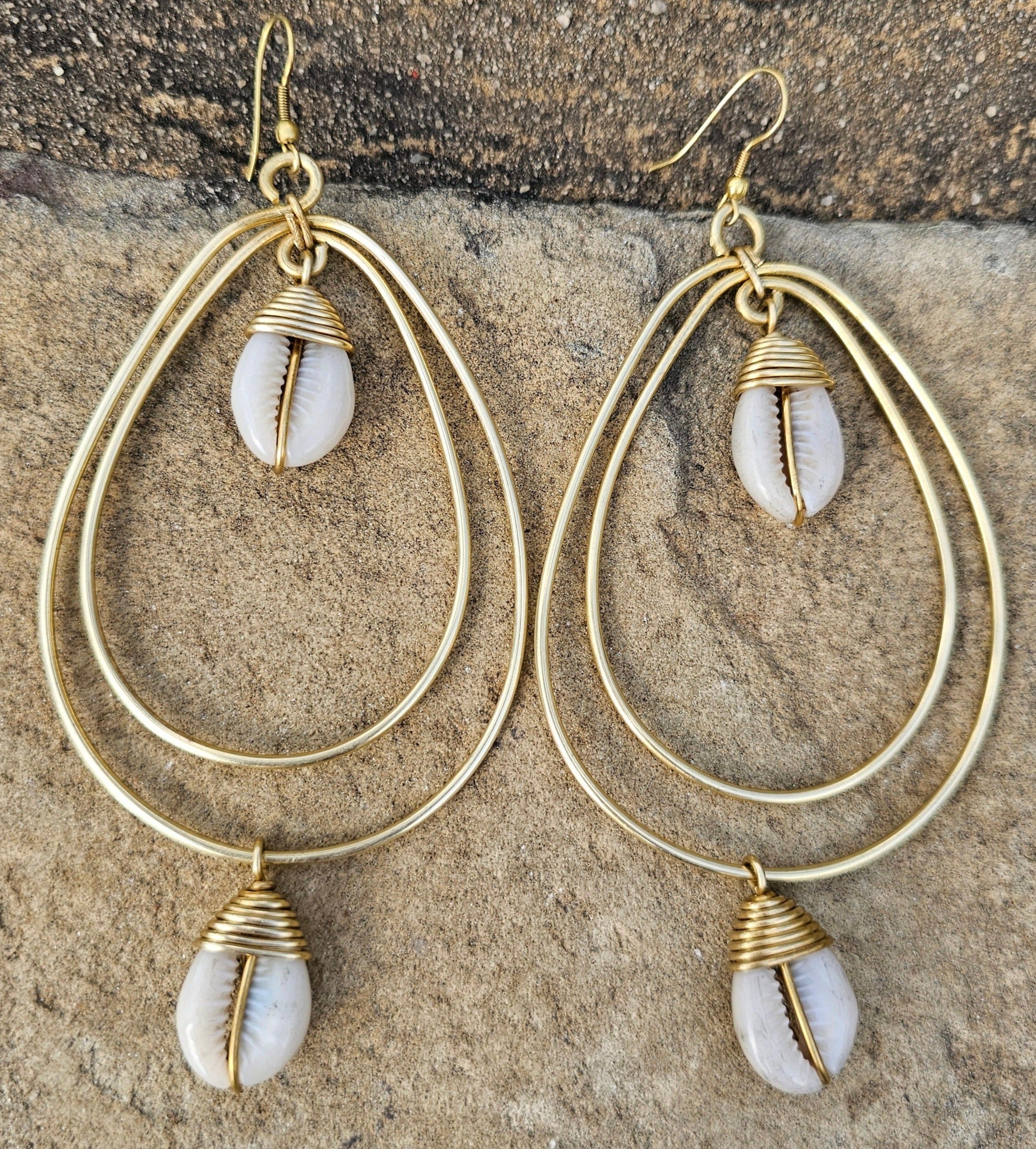 Cowrie Shell Teardrop Brass Earrings