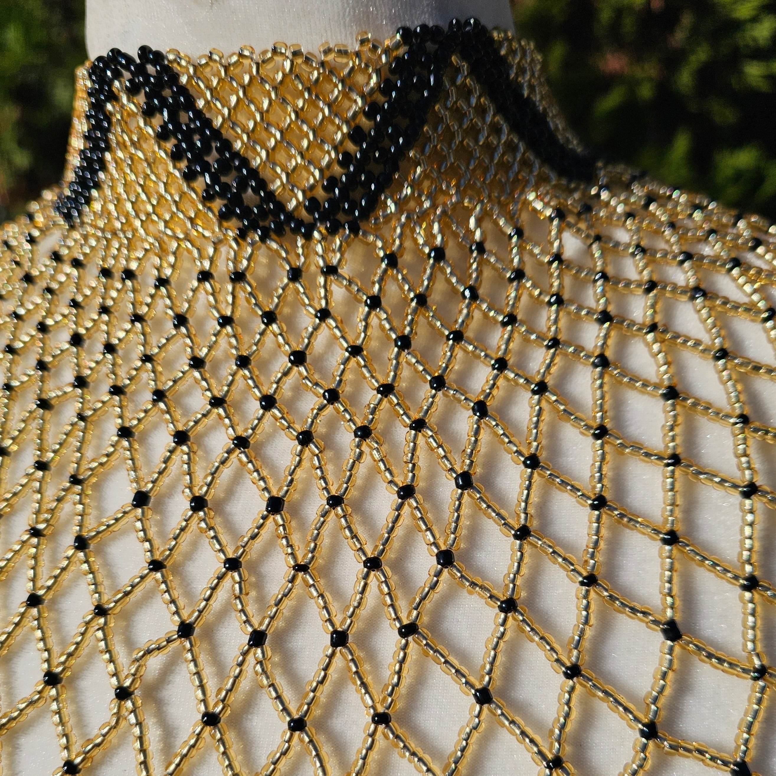 High Neck Light Gold & Black Beaded Collar Necklace