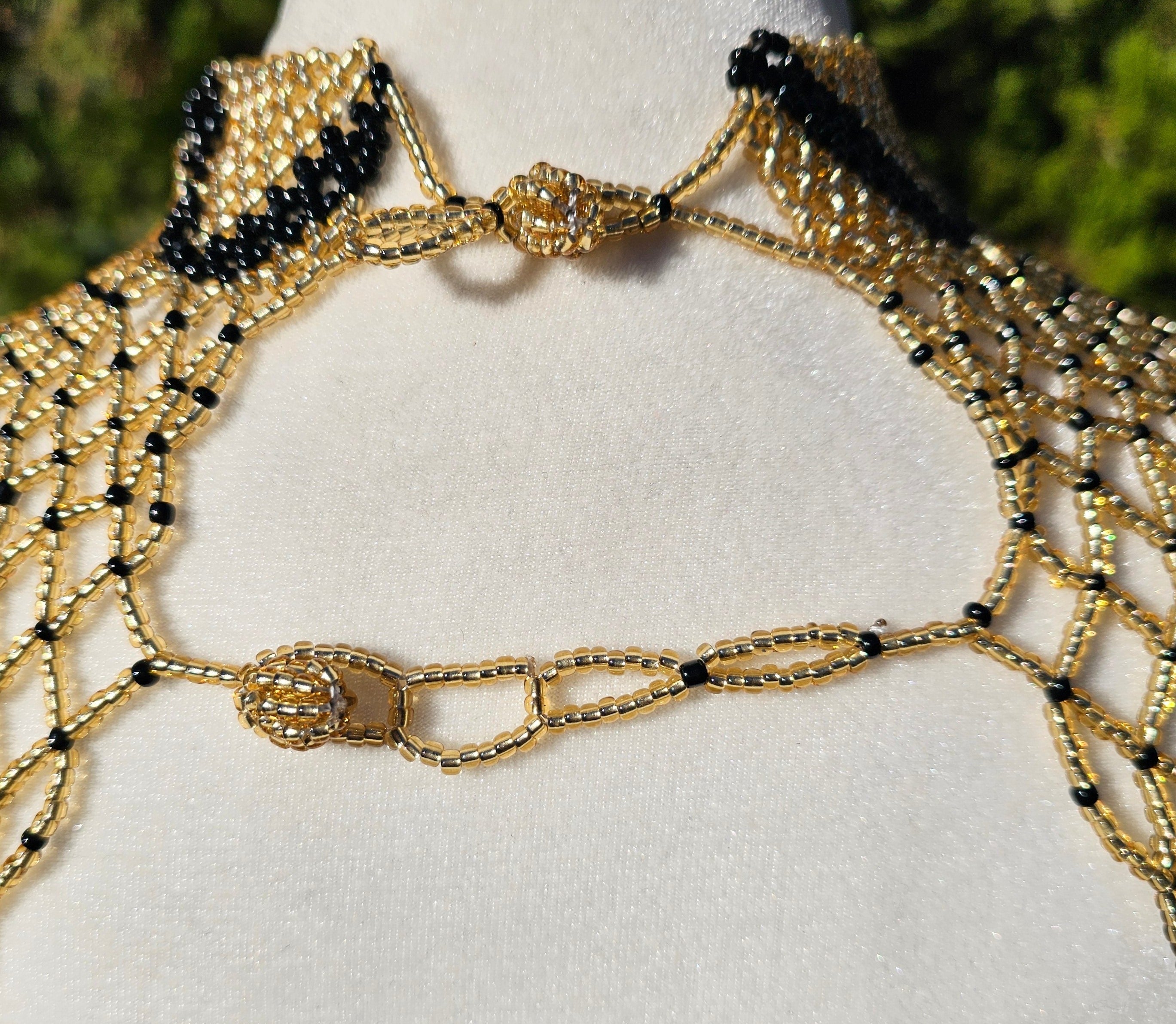 High Neck Light Gold & Black Beaded Collar Necklace