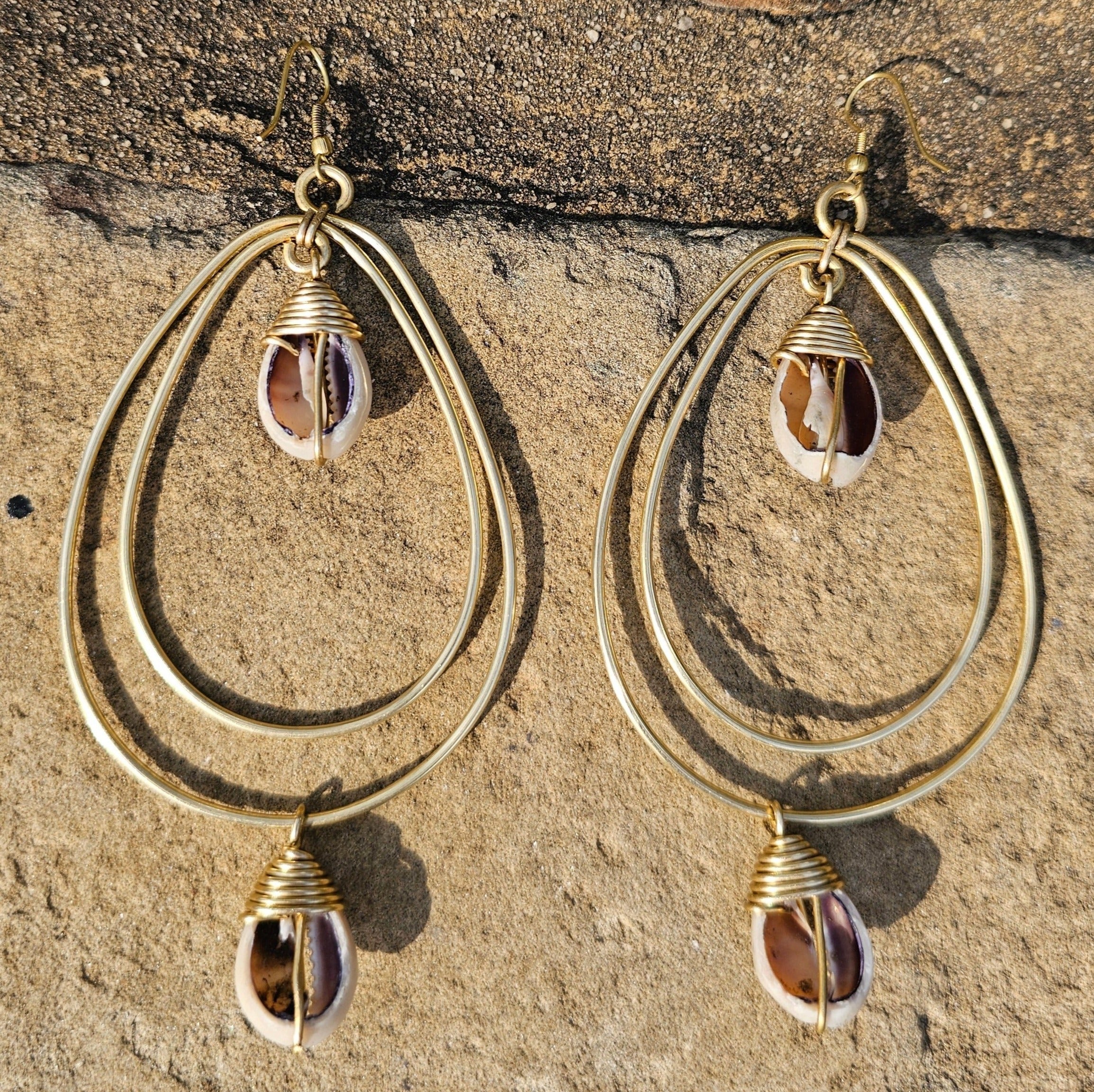 Cowrie Shell Teardrop Brass Earrings