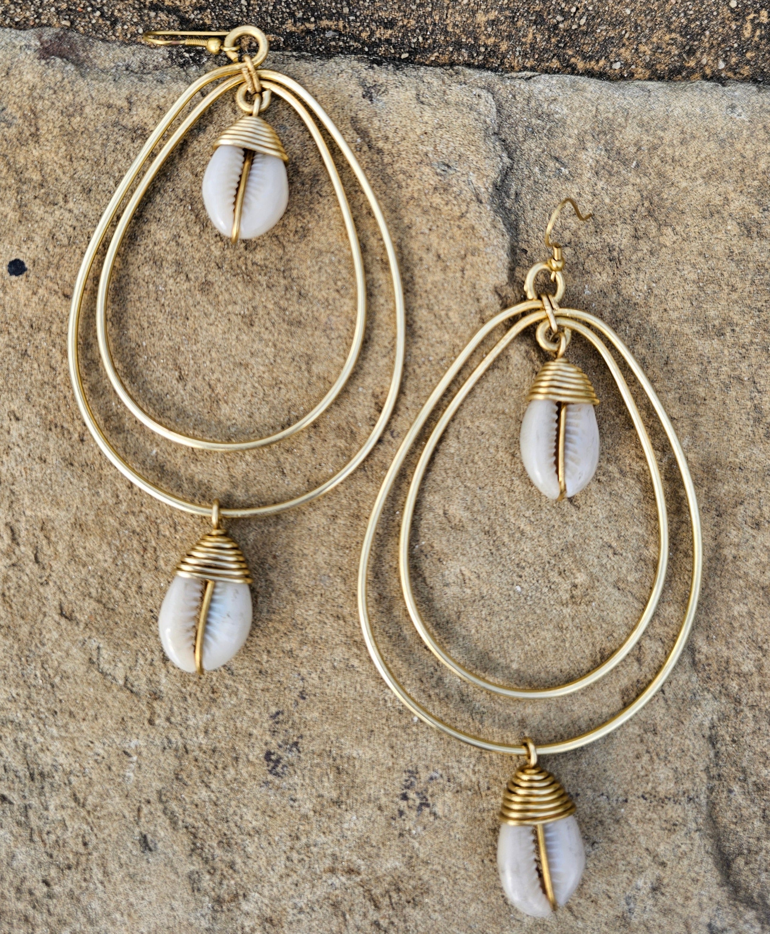 Cowrie Shell Teardrop Brass Earrings