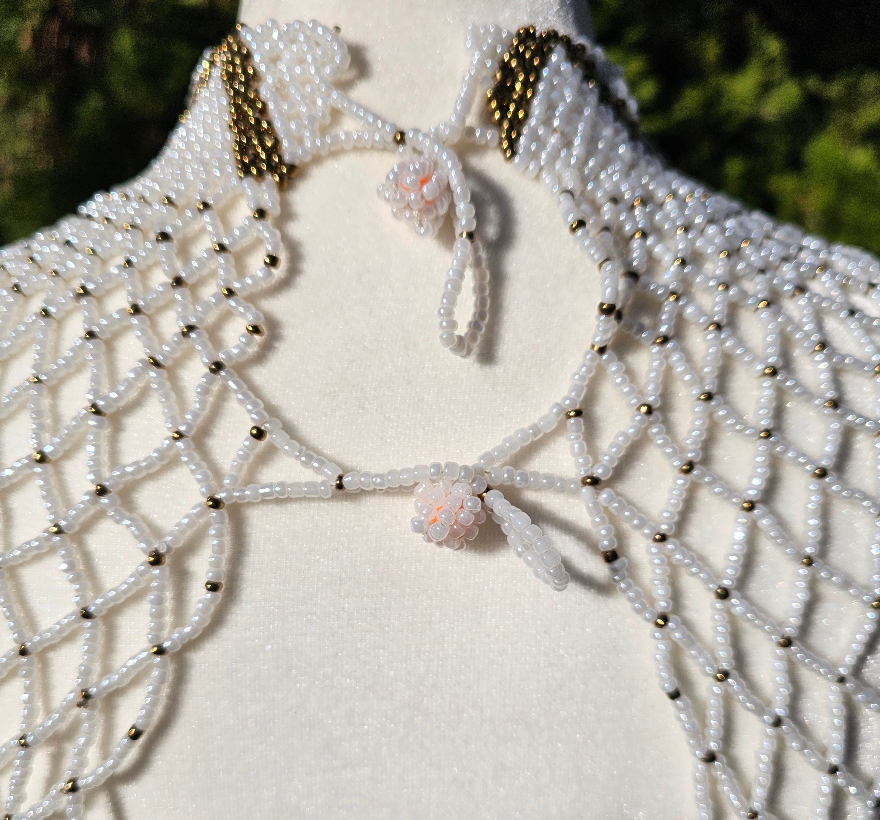 High Neck White & Gold Beaded Collar Necklace