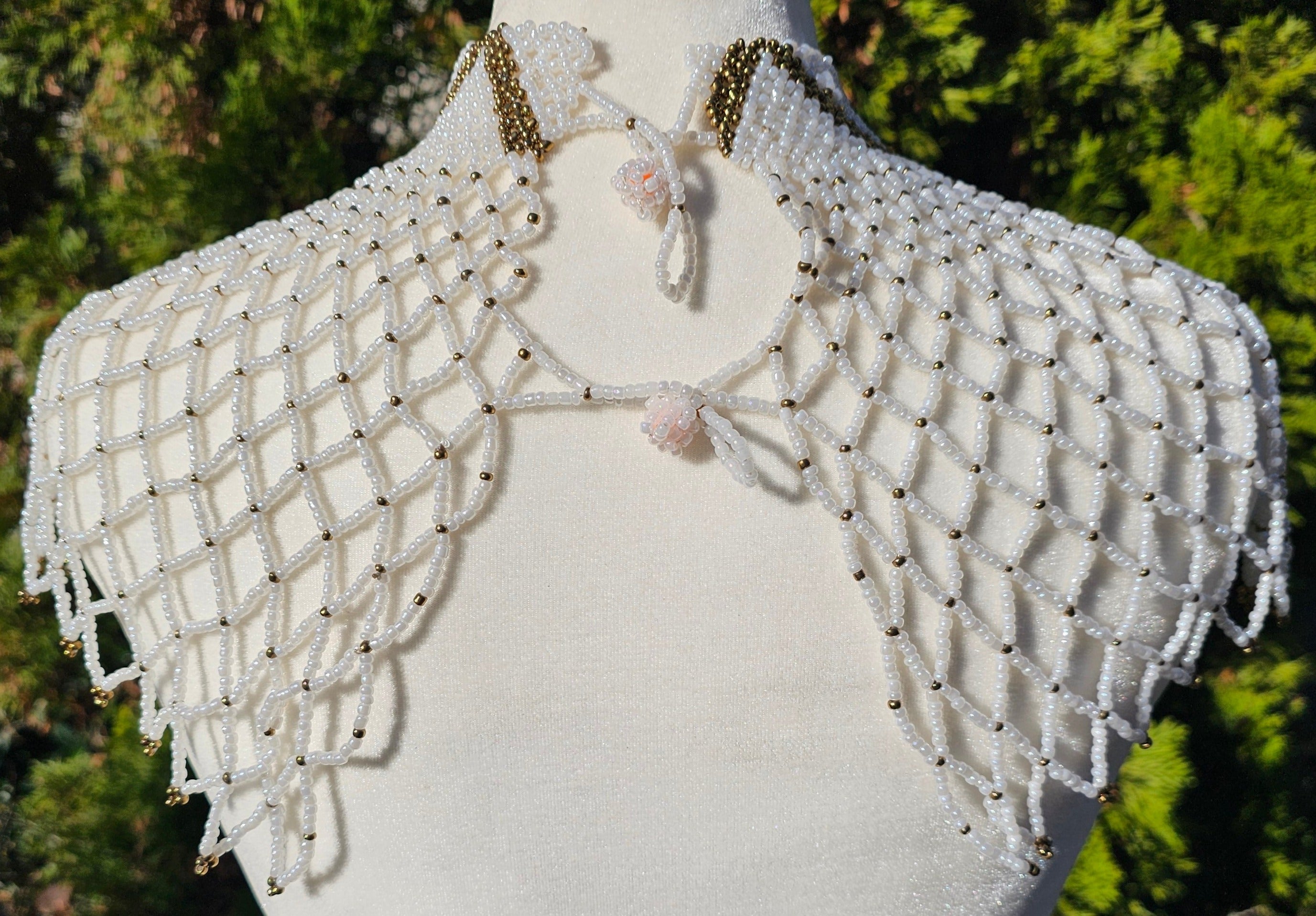 High Neck White & Gold Beaded Collar Necklace